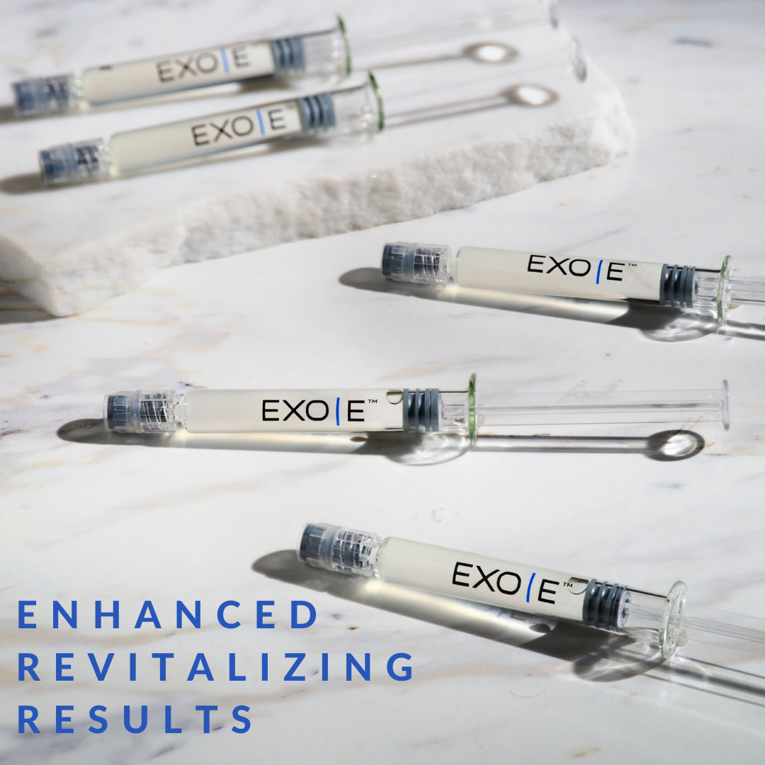 A series of glass vials labeled EXO with a blue cap on a marble background, with text stating 'ENHANCED REVITALIZING RESULTS'.