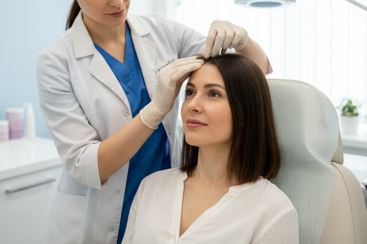 female dr looking at a patients scalp and parting the hair gently to examine , patient in a chair and dr standing