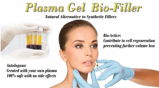 A promotional image for Plasma Gel Bio-filler, showing a visual of a woman receiving the treatment with a caption that highlights the product's benefits and a disclaimer that the results may vary.