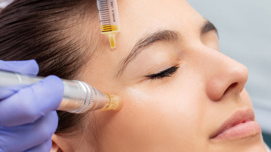 A close-up image of a person receiving sclerotherapy treatment on their face, showing a needle injecting a solution into a vein.